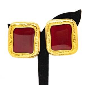 Vintage Anne Klein Clip-On Earrings Red Enamel Gold Tone Statement Jewelry